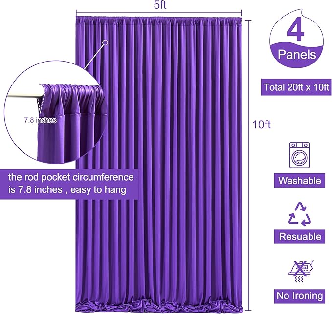 4 Panels Purple Backdrop Curtain for Parties Wedding Wrinkle Free Purple Photo Curtains Backdrop Drapes Fabric Decoration for Birthday Party Photography 20ft(W) x 10ft(H)
