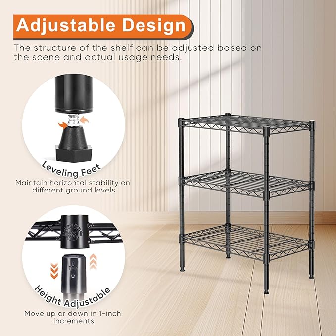 Sweetcrispy 3 Tier Metal Storage Shelving Shelf, Adjustable Metal Wire Racks Heavy Duty Standing Shelf Organizer for Kitchen and Closet, 13.8" D x 23.6" W x 30" H, Black