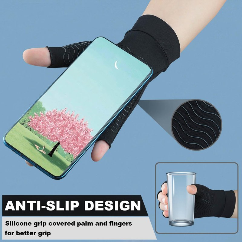 TIZHJOZI 2 Pairs Copper Arthritis Compression Gloves for Rheumatoid, Osteoarthritis, Carpal Tunnel Pain Relief, Compression Hand Gloves for Women & Men,Anti-Slip Fingerless Gloves for Work,Typing (M)