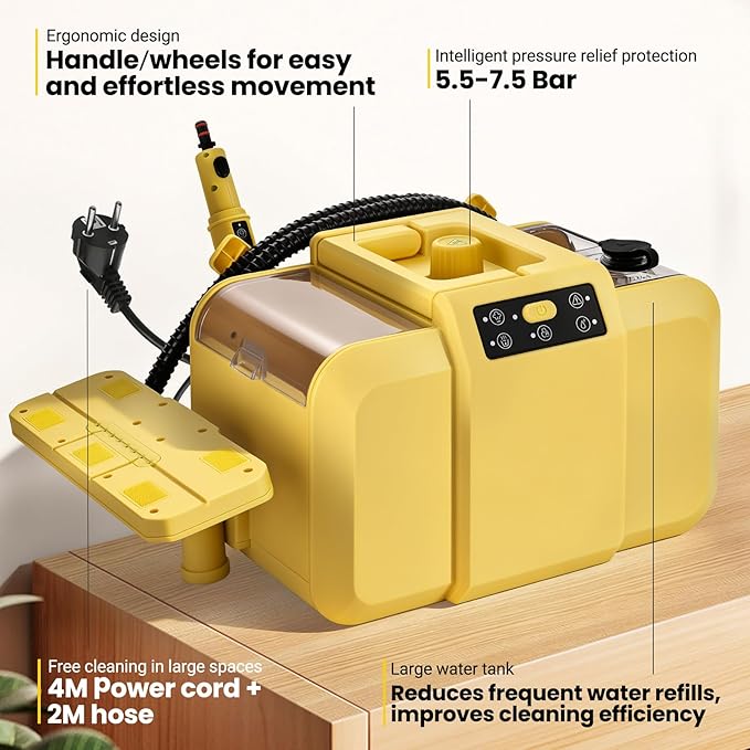 Steam Cleaner, Chemical-Free High-Pressure Commercial Steamer Cleaner with Unlimited Steam Injection, Fast Heat-Up, 2.2L Capacity, 14 Accessories for Floors, Grout, Upholstery (yellow)