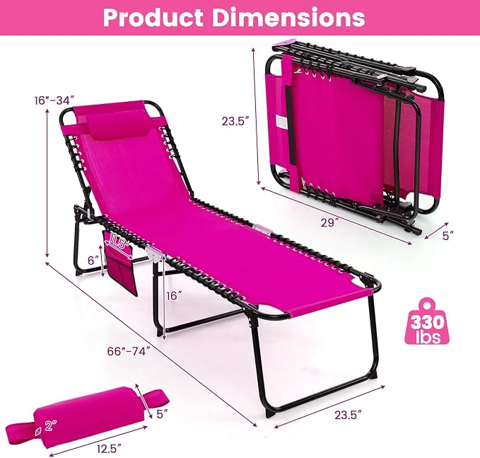 Goplus Folding Beach Lounge Chair w/Pillow for Patio Backyard Park Indoor and Outdoor, Adjustable 4-Level Backrest and 2-Level Footrest (Pink, 2 PCS Ordinary Size)