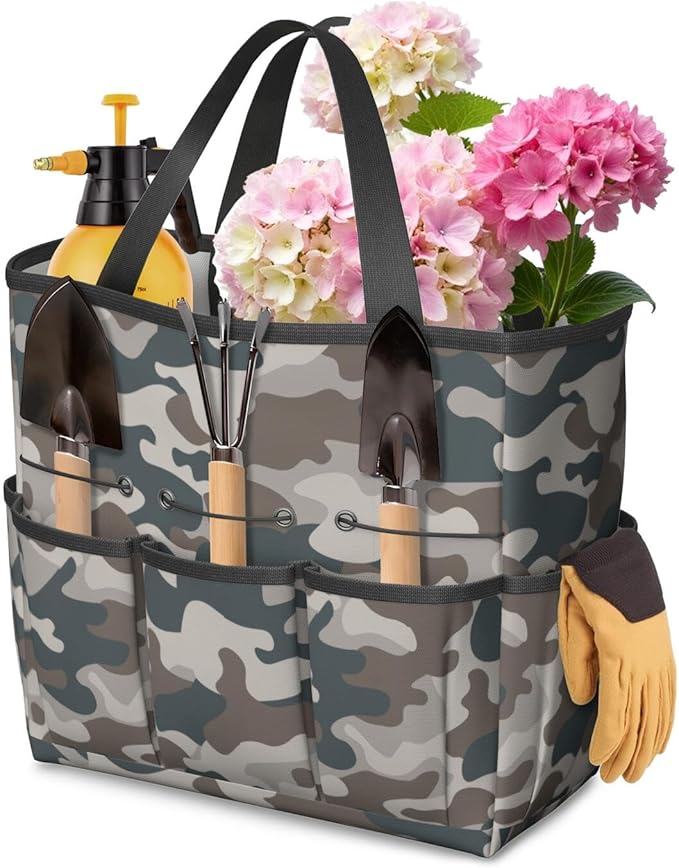 Green Camo Garden Tool Bag - Waterproof Garden Tote with 8 Pockets, Large Storage Home Organizer Gardening Tool Oxford Bag for Garden Tools Kits Holder, Ideal Outdoor Gardening Gift for Women & Men