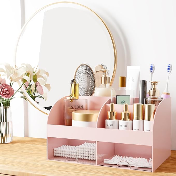 Makeup Organizer with Drawers, Cosmetic Storage for Dresser Vanity and Bathroom Countertop, Beauty Holder for Lipstick Brush, Skincare Organizer for Vanity, Cosmetic Display Case (Pink)