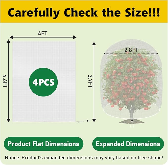 Evoio 4 Pcs Garden Plant Fruit Tree Bird Netting Protection Blueberry Bushes Netting Covers Bags with Drawstring, 4 x 4.6 ft Shrubs Bush Tomato Strawberry Berry Barrier Mesh Cover Net Protector