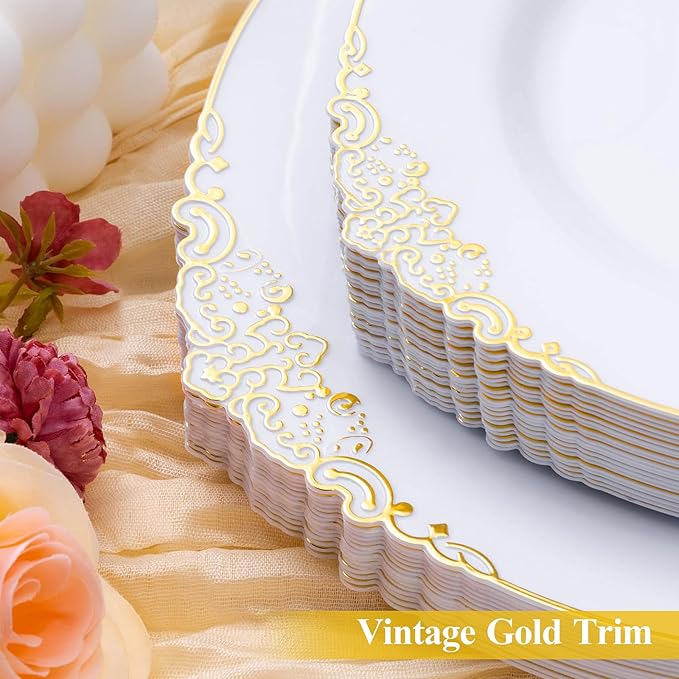 100 PCS White and Gold Plastic Plates for 50 Guests, Gold Disposable Plates Include 50 PCS Dinner Plates, 50 PCS Dessert Plates for Party, Wedding and Graduation