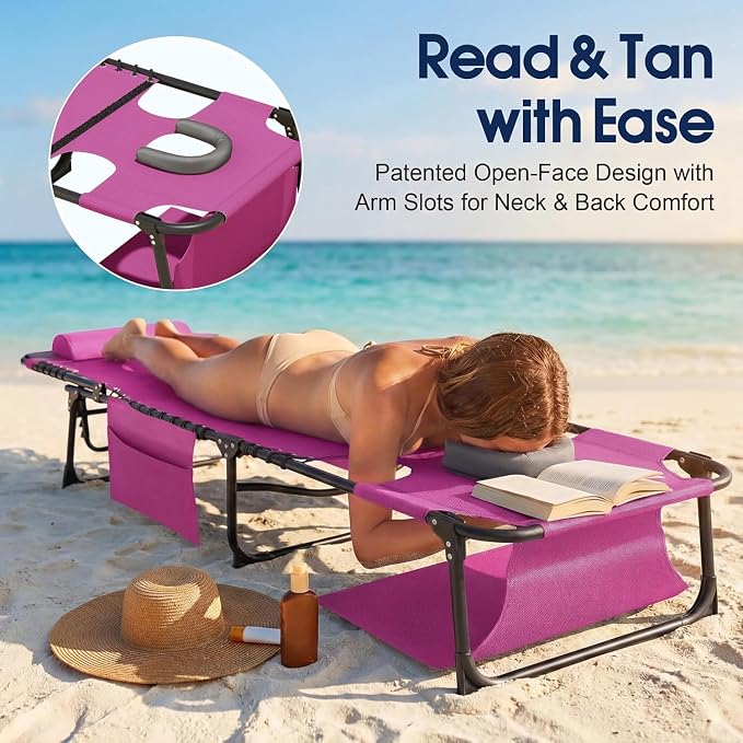 Flamaker Oversize Face Down Chaise Lounge Chair, 27 Inch WideFoldable Outdoor Patio Chair, 5-Position Adjustable Tanning Chairwith Face& Arm Holes for Sunbathing, Pool, Beach, Lawn (Pink, 1Pcs)