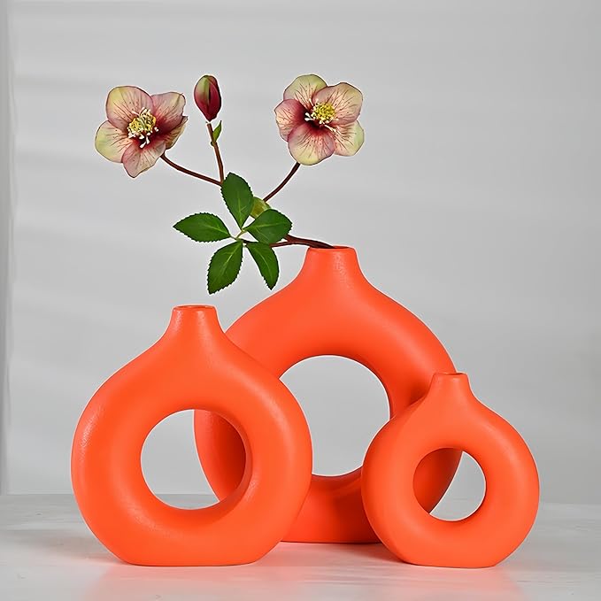 Modern Donut-Shaped Decorative Vases, Handmade Minimalist Boho ins Style, Modern Vase for Home Decor for Wedding Dinner Table Party Living Room Office Bedroom (Orange, Large + Small)