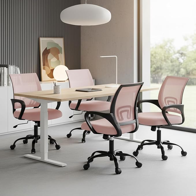DUMOS Home Office Chair - Ergonomic Mid Back Mesh Desk Chair with Lumbar Support & Rocking Mode, Height Adjustable with Fixed Armrest, for Computer, Gaming, Meeting, 360° Swivel, Pink