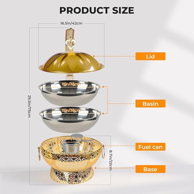 8QT Golden Chafing Dishes for Buffet, Round Stainless Steel Chafing Dish Set for Parties, Christmas Gatherings, Home, Catering Events Complete Buffet Warmer Colder Set (4)