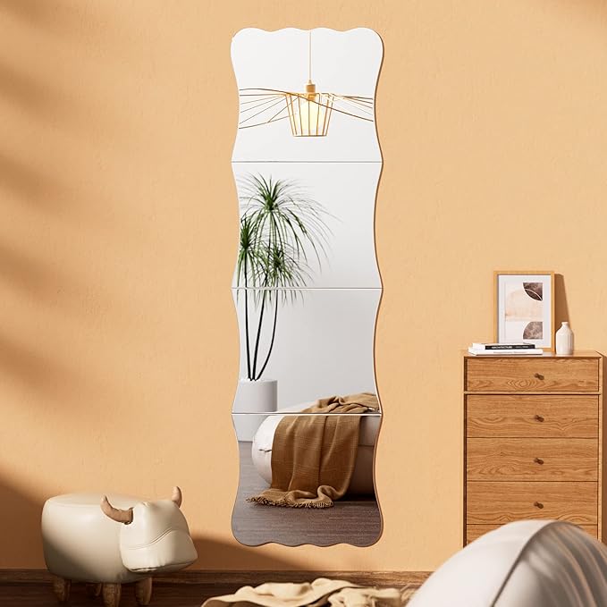 Wavy Shatterproof Full Length Wall Mirror Tiles, Unbreakable Acrylic Safety