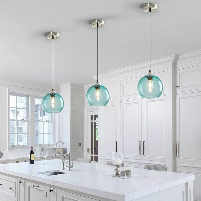 Light Blue Glass Pendant Lights Kitchen Island Lighting Globe Pendant Light Fixtures Modern Pendant Lighting for Bedroom Living Dining Room Light Fixture (7.87 in, 2 Pack)