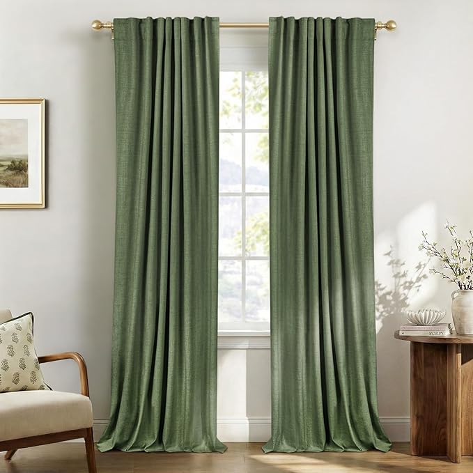 100% Blackout Shield Olive Green Linen Blackout Curtains