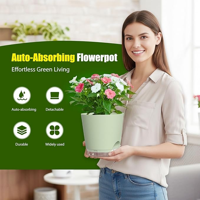 Plant Pots 8 Inch Self Watering Pots, 2 Pack Plastic Planters with Drainage Holes and Clear Saucers,Plastic Flower Pots for Indoor Out Door Plants (Green)