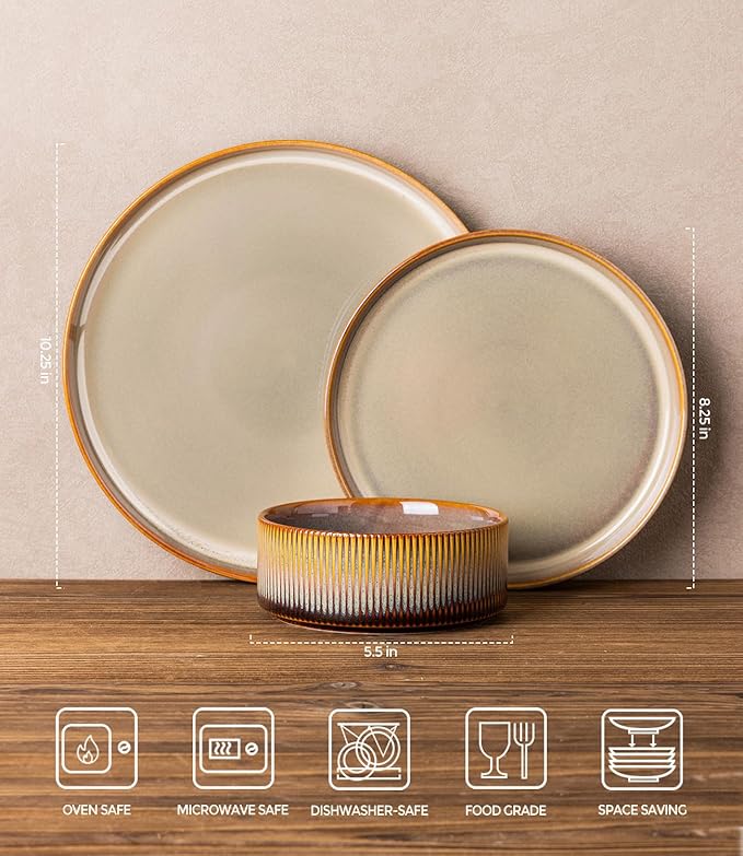 TheTerra Ceramic Dinnerware Sets for 4, 12 Pieces Porcelain Lightweight Plates and Bowls Sets, Scratch Resistant Dish Set, Oven & Microwave & Dishwasher Safe, Creamy Amber