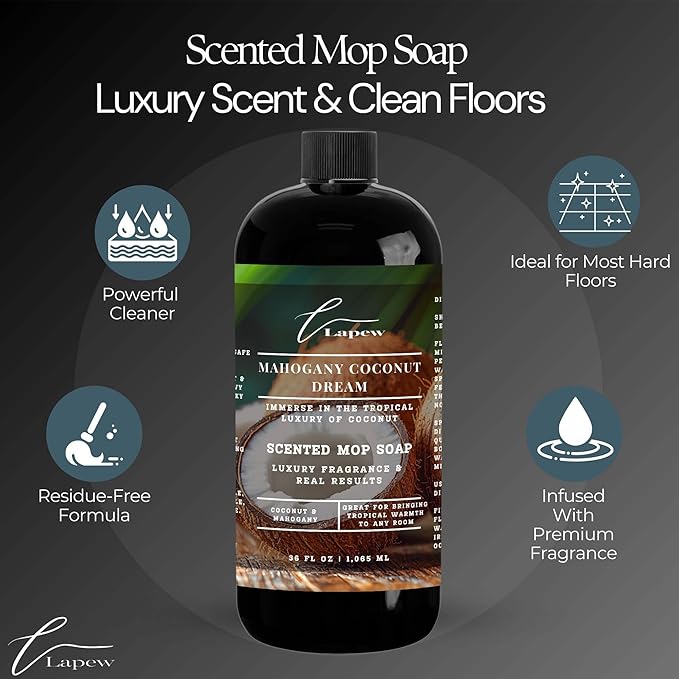 Lapew Mahogany Coconut Dream Scented Cleaning Bundle | Carpet Deodorizer Powder (16 oz) & Mop Soap Concentrate (36 oz) | Pet-Friendly Odor Eliminator