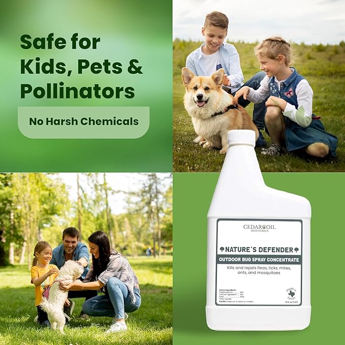 Nature's Defender Outdoor Pest Control Spray – All-Natural Cedarwood Oil Formula for Mosquitoes, Ticks, Fleas, and Ants – Safe for Pets, Kids, and Plants – 32 oz Concentrate, Treats 40,000 sq. ft