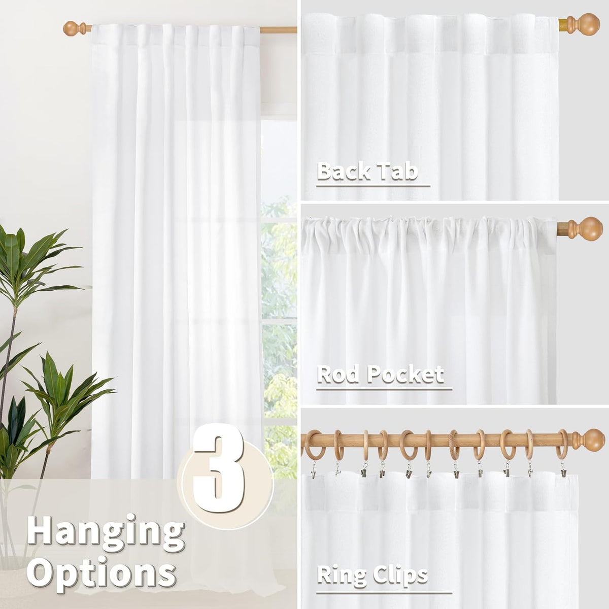 YoungsTex White Linen Semi Sheer Curtains 63 Inch Length for Short Window, Light Filtering Rod Pocket Drapes for Living Room Bedroom Office Rustic Country, 42 X 63 Inch, 2 Panels