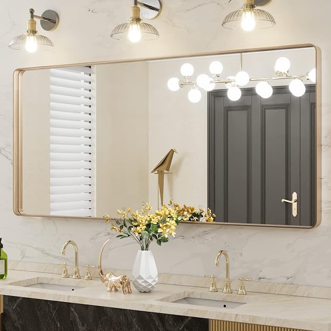 LOAAO 60”X28” Gold Bathroom Mirror, Rounded Rectangle Gold Frame Mirror