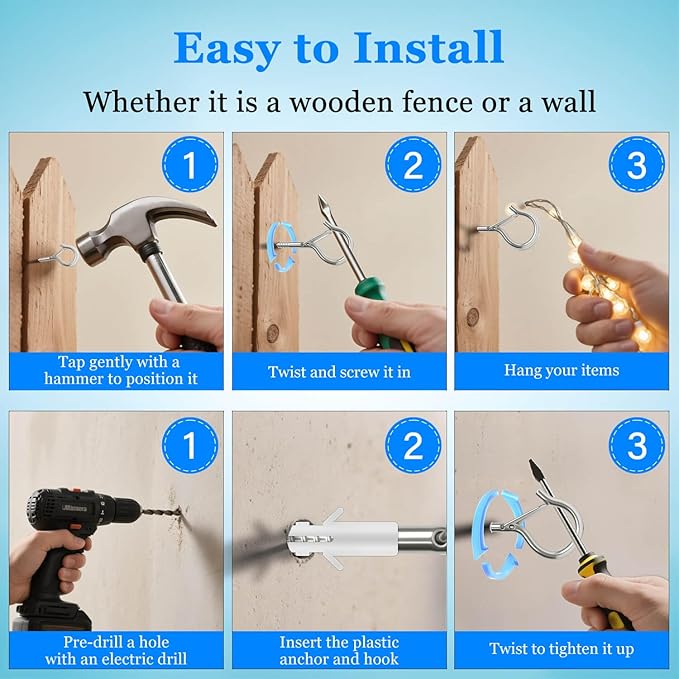 24 Pack Silver Screw Hooks with Safety Buckle - 2.3 Inch Rustproof Eye Ceiling Hooks for Hanging Plants,Outdoor String Lights,Baskets,Christmas Lights & Decor,40lb Capacity (24, Silver)