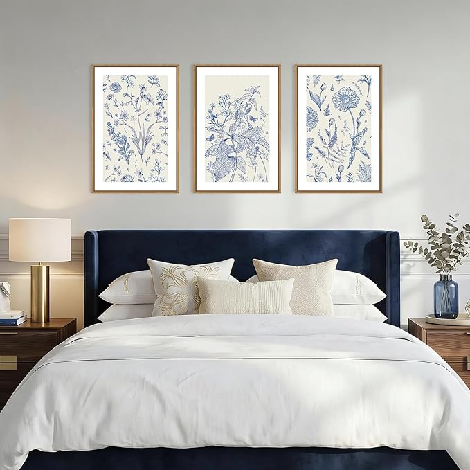 KAIRNE Navy Blue and White Floral Framed Canvas Wall Art Set,Chinoiserie Flower Wall Decor,Watercolor Botanical Art Prints,Modern Wildflower Artwork for Living Room,Bedroom,Farmhouse,Office-16 x24 x3