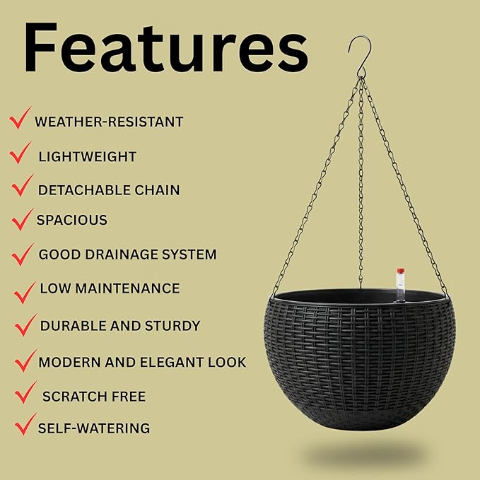 LaLaGreen Hanging Planters for Indoor Plants (11 Inch, 4 Pack) Self-Watering Round Rattan Style Flower Pots with Water Level Indicator, Black Metal Chain Hanging Baskets for Porch Garden Balcony Decor