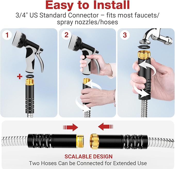 Lefree 100ft Metal Garden Hose - Heavy Duty 304 Stainless Steel Flexible Water Hose, No Kinks & Leak-Proof with Upgraded Handle, 10-Function Spray Nozzle & 4 Spare Gaskets for Yard, RV, Pet Bath