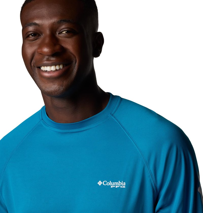 Columbia Men's PFG Terminal Tackle Long Sleeve Fishing Shirt, Blue Echo/White Logo, 3X Tall