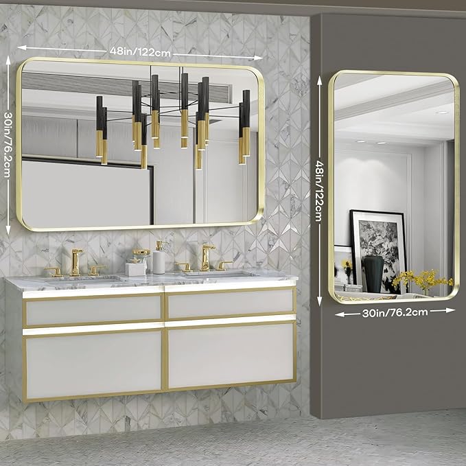 Large Gold Bathroom Mirror, Rounded Corner Rectangular Brushed Gold Frame