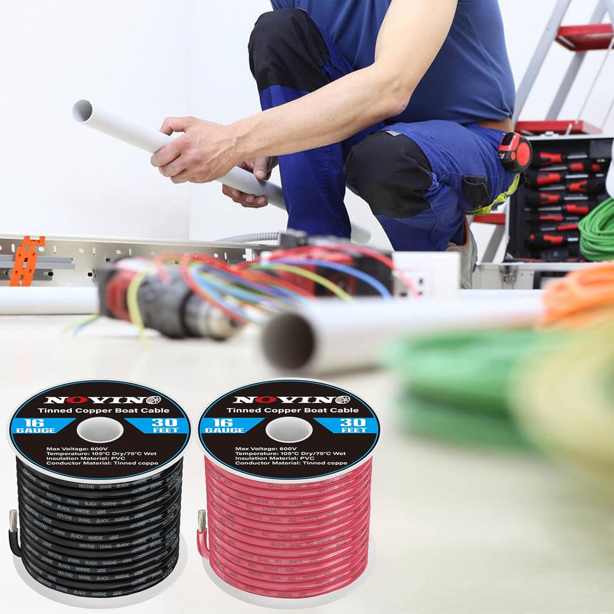Skiennix 16 AWG Marine Wire - 30FT Red & 30FT Black, Oxygen-Free Tinned Copper for Boats & RVs