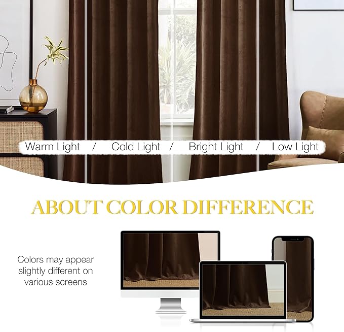NICETOWN Brown Velvet Room Darkening Curtains 90 inches Long, Home Decor Light