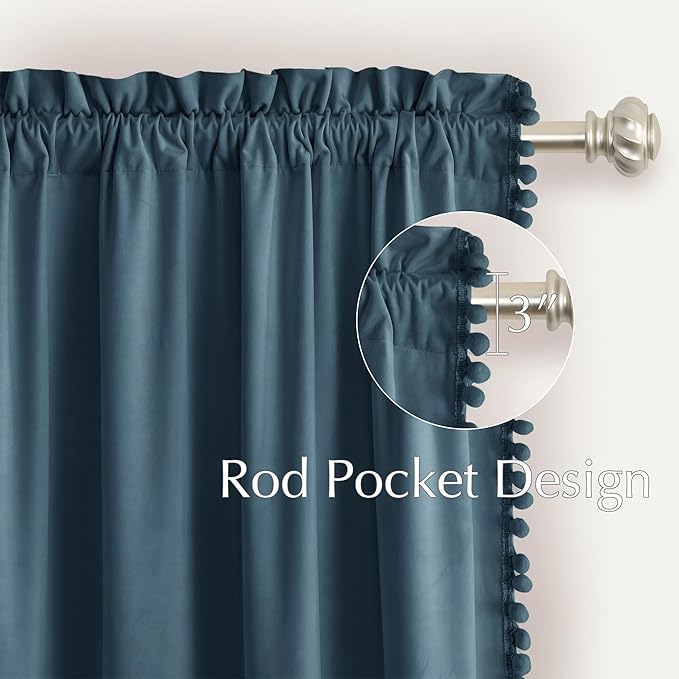 NICETOWN Slate Blue Velvet Curtains 84 Inch Length – Pom Pom Room Darkening
