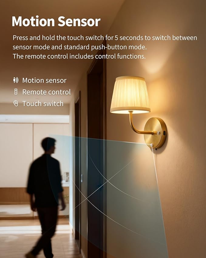 PUSU Motion Sensor Gold H9.6 inch Small Wall Sconces Set of 2, LED Cordless