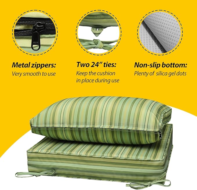 AAAAAcessories Outdoor Seat Cushions for Chairs, Fade-Resistant, Waterproof Patio Furniture Replacement Cushions, 23" x 23" x 5" + 23" x 13.5", Mossy Forest Stripe