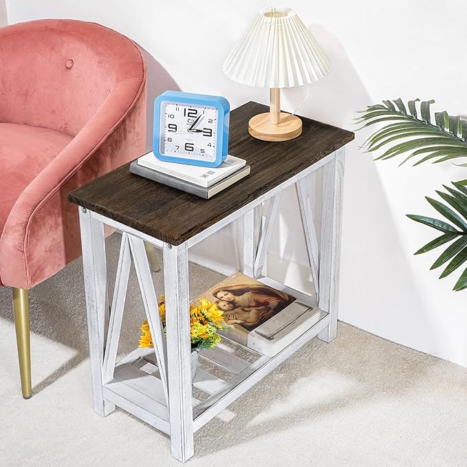 Farmhouse End Table Narrow Side Table Living Room Slim End Tables with Storage Shelf 2 Tier Nightstand for Bedroom Hallway Dormitory, Rustic Brown and White