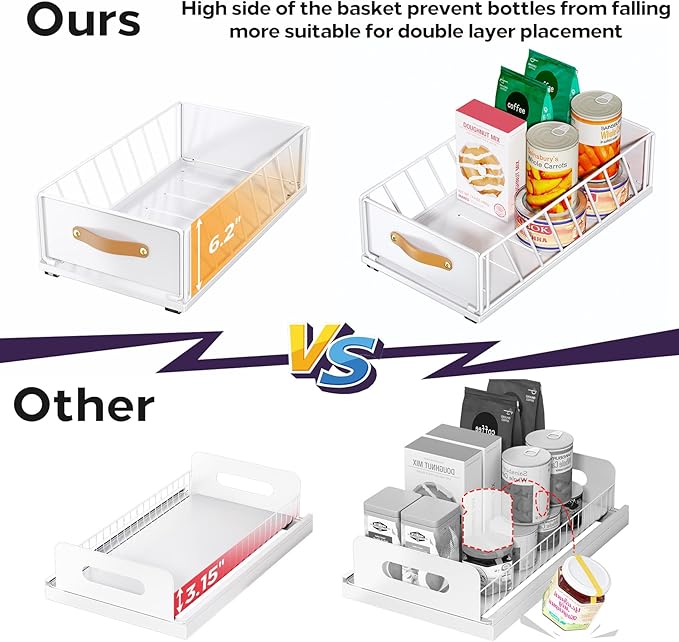 Pull out Cabinet Organizer Fixed with Adhesive Nano Film,Heavy Duty Slide out Pantry Shelves Drawer Storage,Sliding Mesh Cabinet Basket with Handle for Kitchen, Bathroom,Home, 11.8W"X 15.7D"X6.2"H