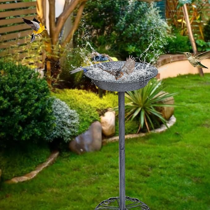 Outdoor Garden Bird Bath, 25.5 inch Height Bird Feeder, Metal Birdbath with Dragonfly for Garden Yard Patio Lawn Decoration, Gray