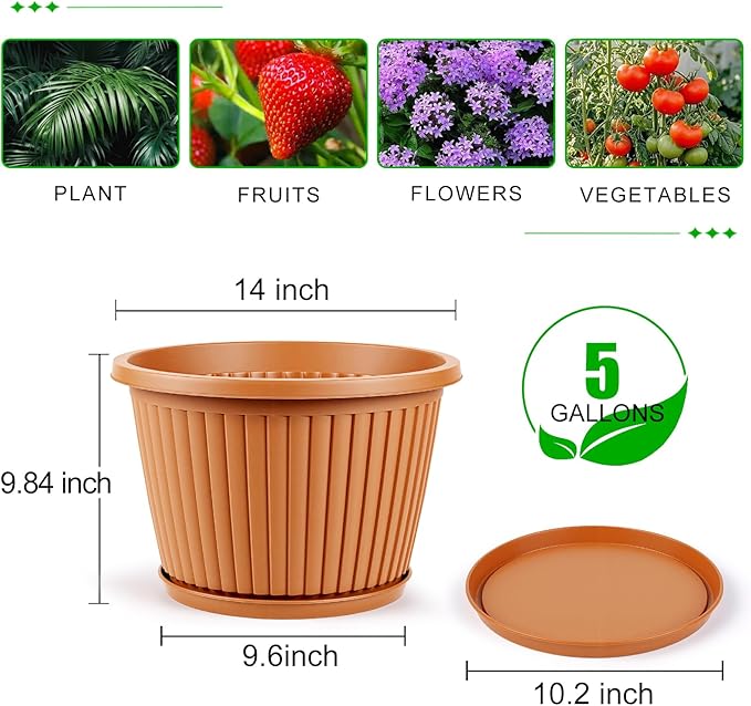 Large-Planter-Indoor-Outdoor Plant Pots, 14 inch 4 Pack Plastic Flower Pots with Saucer And Drainage Holes, Modern Garden Planters For Planting Medium Large Plants, Decorative Resin Garden Pots