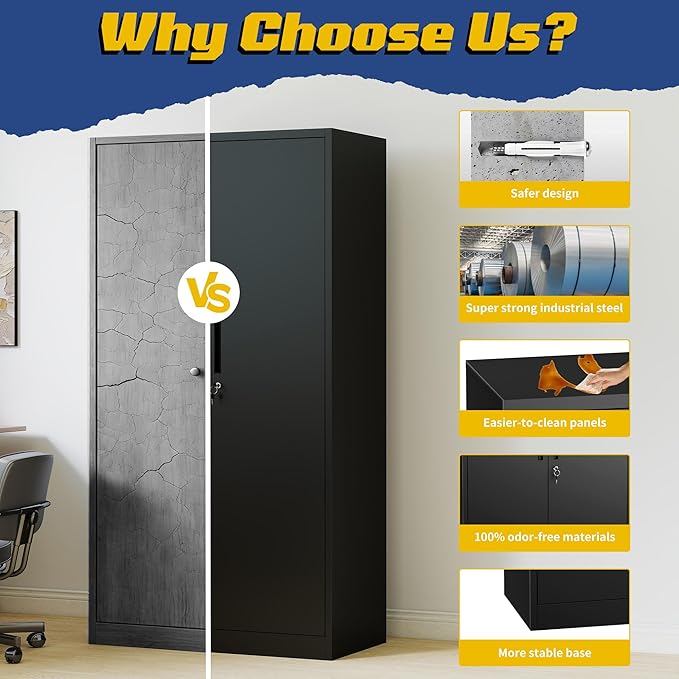 Metal Storage Cabinet with Adjustable Shelves, 72" Steel Garage Storage Cabinets with Lock and 2 Door, Locking Tool Cabinet Utility Cabinets for Garage, Kitchen, Home Office, School, Shop
