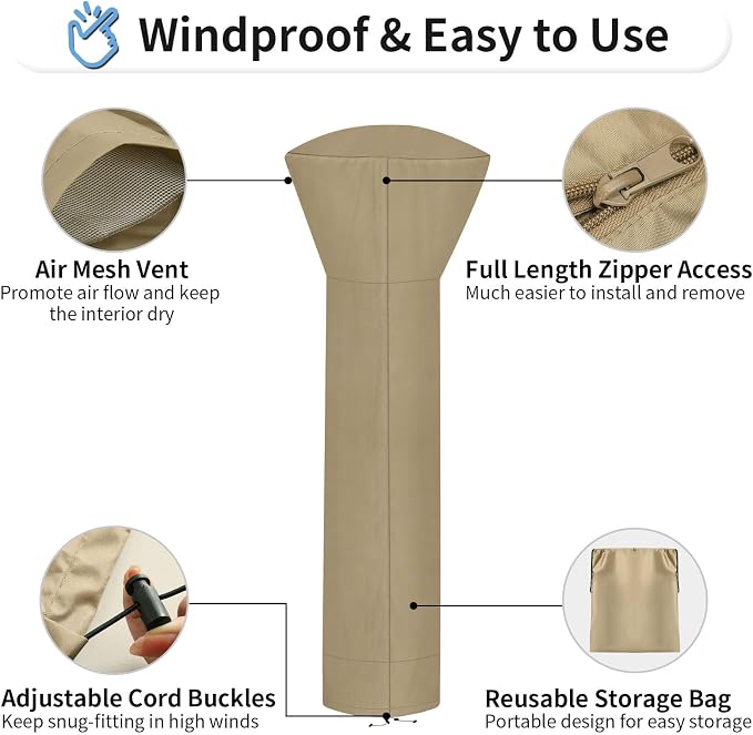 OutdoorLines Waterproof Outdoor Patio Heater Covers with Zipper and Storage Bag, Dust-proof UV-Resistant Windproof Propane Heavy Duty Heater Cover for Standing Heater, 2 Packs-89Hx33Dx19B inch Camel