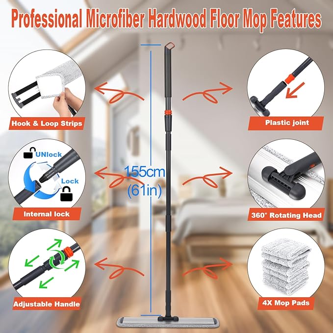 24in Flat Mop for Cleaning Floors, Heavy-Duty Microfiber Wet Mop with Easy Wringing & Deep Cleaning, Includes 4 Reusable Mop Cloths and Adjustable Long Handle