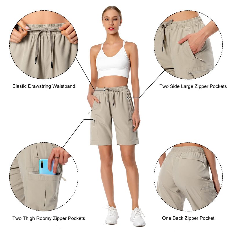 Hugut Women's Lightweight Hiking Cargo Shorts Quick Dry Athletic Shorts Camping Travel Golf Zipper Pockets Water Resistant Khaki