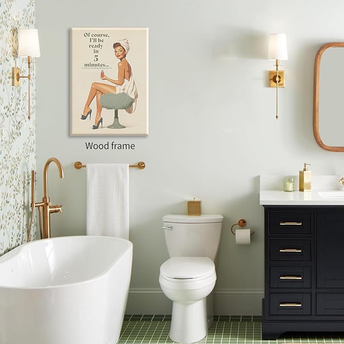 Boho Sage Green Bathroom Poster Vintage 70s Pin Up Girl Wall Art 24X36 inch