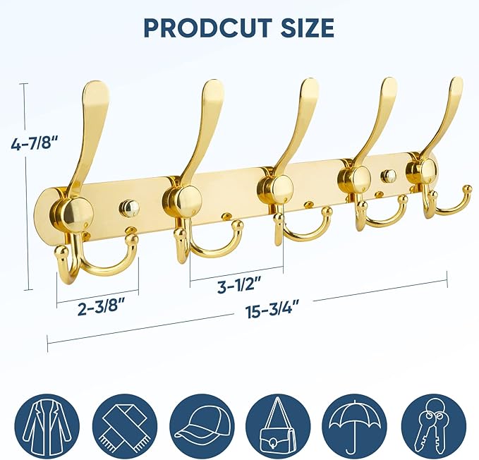 TICONN Wall Mounted Coat Rack, Five Heavy Duty Tri Hooks All Metal Construction