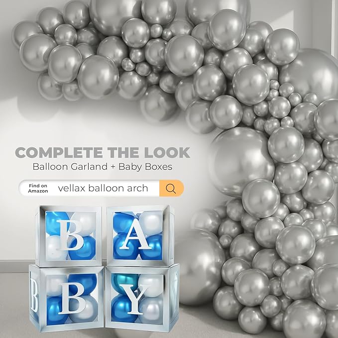 Baby Shower Boxes with Letters – Silver Boxes with Silver & Blue Balloons – 44-Piece Gender Reveal & Party Decoration Set by Vellax