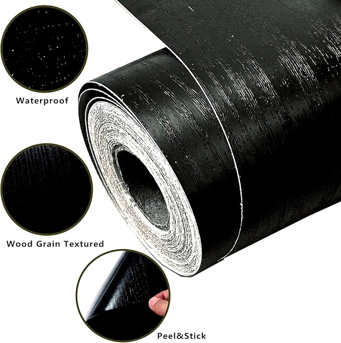 DESOMINOR 32FT Black Border Peel &Stick Black Wood Grain Wallpaper Border