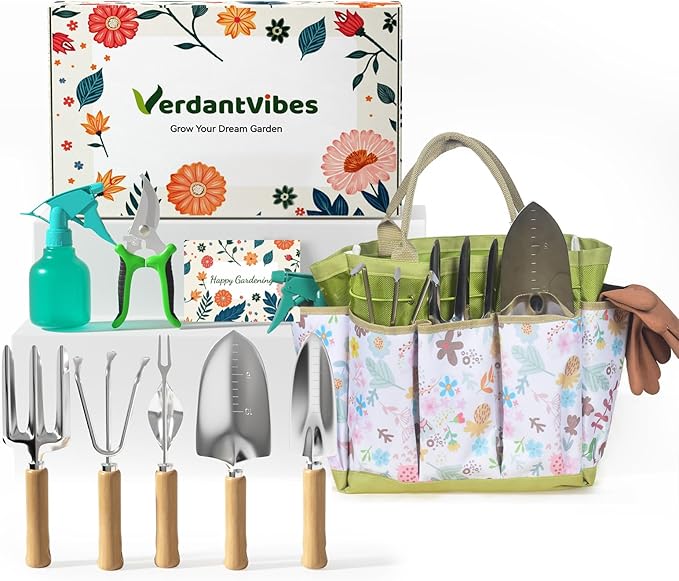 Gardening Tools Set 9-Piece Heavy-Duty Gardening Hand Tools with Floral Tote Bag, Stainless Steel Garden Supplies Kit Ideal Gardening Gifts for Women Mom Wife