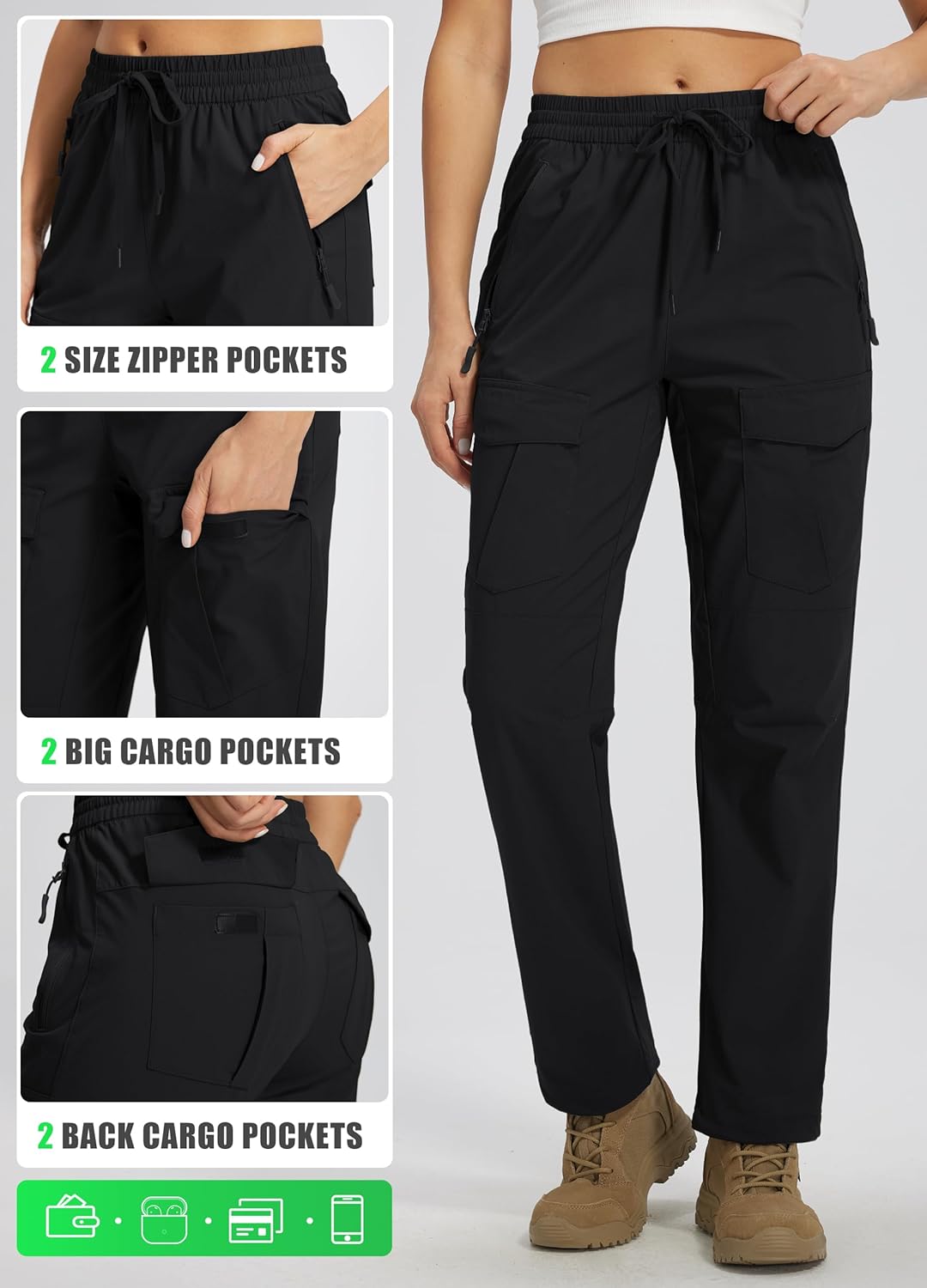 Womens Hiking Pants with Zipper Pockets Quick Dry Lightweight Cargo Joggers Elastic Waist Water Resistant Outdoor Safari