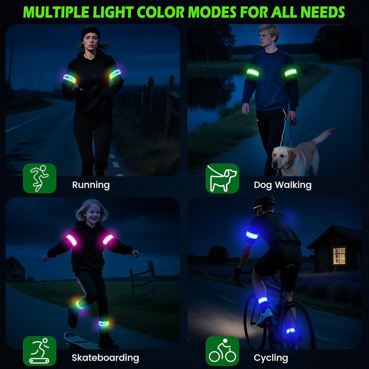 Skiennix LED Armband - High Visibility Reflective Gear | 3 Light Modes, Rechargeable, 2 Pack, 5 Colors