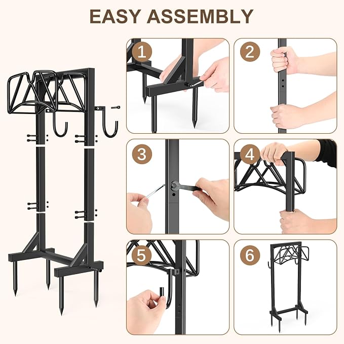 Garden Hose Holder Stand, Heavy Duty Freestanding Hose Holder Rack with 4 Spikes, Holds 150 ft, Outdoor Water Hose Holder for Yard Lawn Garden