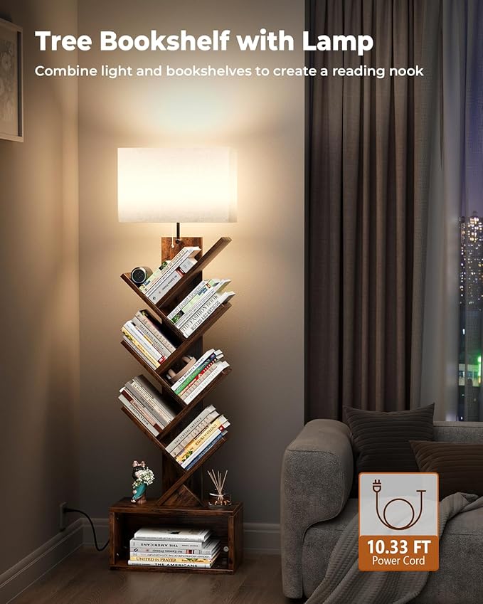 Evermagin 6 Tier Tree Bookshelf with Light, Narrow Bookcase Tower, Tall Floor Standing Book Organizer with Storage Cabinet for Living Room, Bedroom and Home Office, Rustic Brown